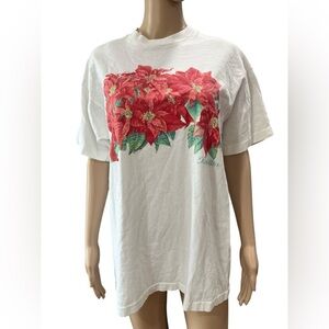 Vintage single stitch 90’s Poinsettia glitter paint T-Shirt holiday Christmas-L